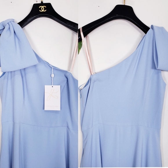 GAL MEETS GLAM Light Blue A-Line Midi Dress Asymmetrical Neck Bow Fit and Flare - Picture 10 of 12